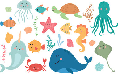 Collection of cute sea animals. Vector illustration of ocean underwater characters. 