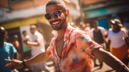 Cuban man dancing salsa, wearing a colorful shirt and sunglasses