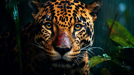 a jaguar in the rain looking at the camera