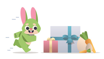 Green Easter rabbit Runs to eggs and gifts. Cartoon vector flat illustration