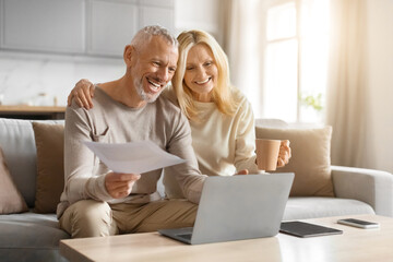 Happy couple of pensioners sitting using computer at home