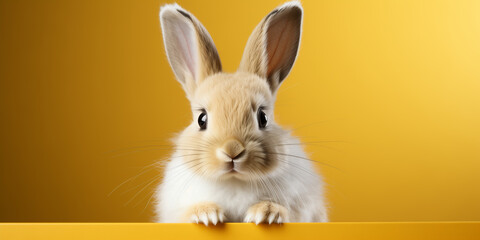 Fototapeta na wymiar Easter bunny rabbit on yellow background. Happy Easter holiday festive banner. 