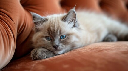 A fluffy Himalayan kitten lounging on a velvet cushion.