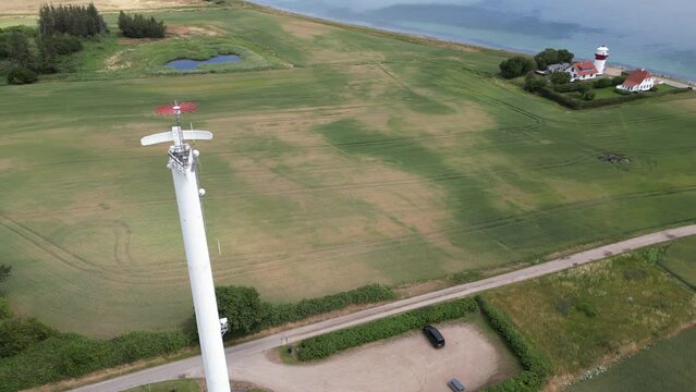 Radio tower from above drone video at north end of langeland island denmark