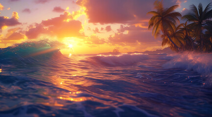 Fototapeta na wymiar a tropical wave and palm trees at sunset over the oce