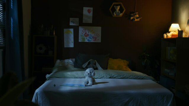 No people full footage of interior of empty childs bedroom decorated with drawings on wall and stuffed toys. Unrealizable dream of having puppy at home