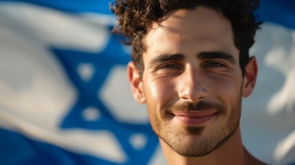 Naklejka premium Religious jew man portrait, hero against the background of the Israeli flag, beautiful sky.