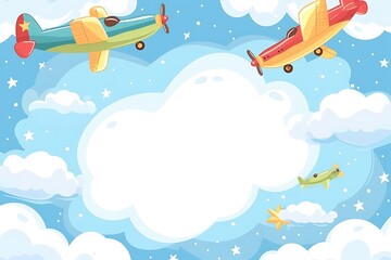 Cute cartoon airplane in the sky frame border on background for kids.