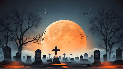 Vector realistic illustration of a haunted cemetery with tombstones, cross and trees without leaves under a dramatic orange sky with moon