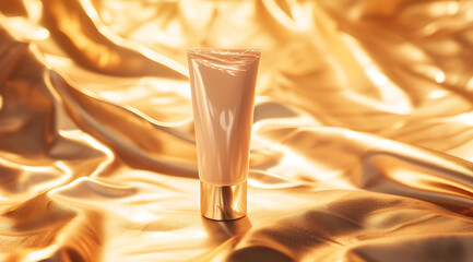 a tube of foundation is sitting on a gold colored sur - obrazy, fototapety, plakaty
