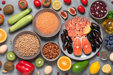 Healthy eating, seafood, legumes, fruits and vegetables. Top view, flat lay.