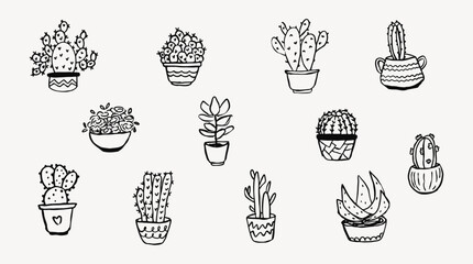 Set of cute hand-drawn doodle style cactus