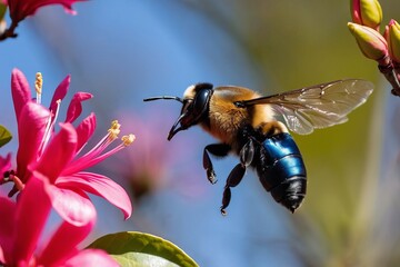 Solo carpenter bee bee-lining through the air from a blossoming magnolia tree toward vivid red...