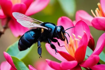 Zelfklevend Fotobehang Solo carpenter bee bee-lining through the air from a blossoming magnolia tree toward vivid red azalea bushes. © Adrin