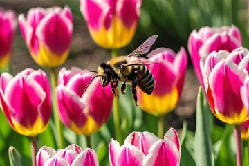 Yellow and black banded bee hovering in the air headed toward bright pink tulips blowing gently in the breeze of a spring garden.