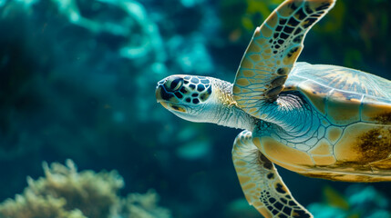 An underwater portrait of a sea turtle swimming near coral reefs