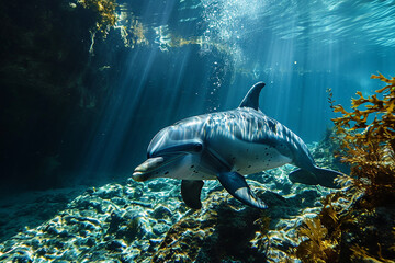Fototapeta premium Dolphins swimming in deep sea