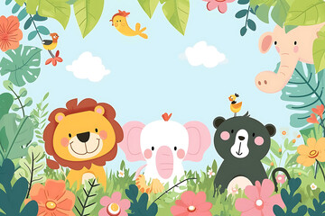 Cute cartoon safari animal frame border on background for kids.