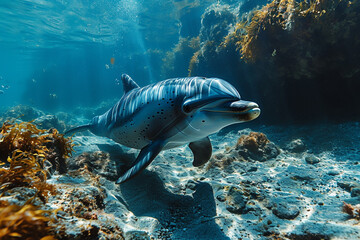 Naklejka na ściany i meble Dolphins swimming in deep sea