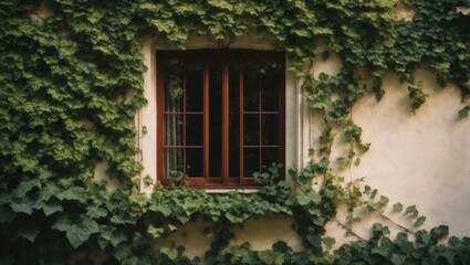 Fototapeta na wymiar Window surrounded by green ivy facade