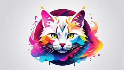Minimalist Neon Line Cat Logo with Geometric Precision, Vibrant Smoke Effects White Background with t-shirt design ai art
