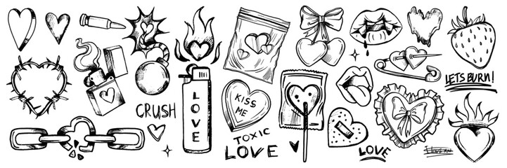 Doodle love grunge rock set, graffiti groovy punk heart vector print kit, emo gothic hand drawn sign. Marker scribble sticker, crayon wax paint collage icon, lips. Romantic Valentine Day heart doodle