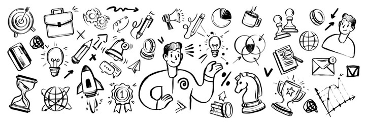 Business doodle icon set, hand drawn finance vector sketch, ink line startup money clipart. Creative presentation project scribble, cartoon cute strategy sign, achievement chart. Business doodle kit © Oleksandra