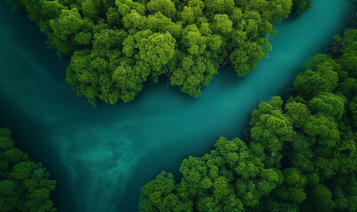 Naklejka premium aerial view of mangrove forest. top capture bird eye drone.