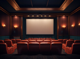 Cinema interior with seats and white screen. Movie theater room with chairs