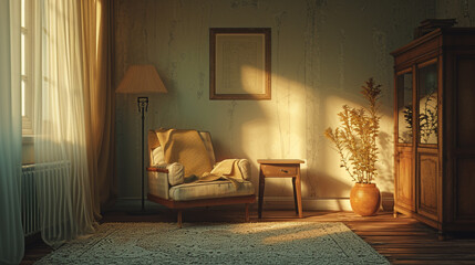 A cozy corner with a single comfortable chair, a reading lamp, and a small side table, inviting relaxation and contemplation. 