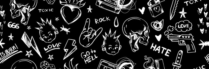 Grunge rock seamless pattern, vector punk music sketch texture, y2k gothic dark decorative print. Hand drawn marker scribble wallpaper, hearts, skull, gun. Grunge pattern emo romantic apparel design