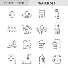 Water line icon set. Vector collection with drop, cup, bottle, cooler, bath, cloud with rain, water tap. Editable stroke.