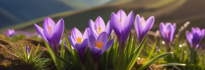 Crocuses blooming on a sunny spring day, dew drops on flowers sparkling in the sunlight, spring...