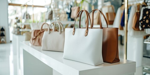Assorted luxury shopping totes in various colors are elegantly arranged on a boutique shelf, ideal...