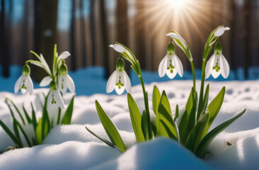Snowdrop flowers blooming on a sunny spring day, dew drops sparkling in the sunlight, spring flowers in a snowy forest. Spring equinox, primary flowers, women's day