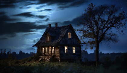 Old wooden house,dramatic clouds at night. Abandoned Haunted Horror House.Near is one tree at night with a moon. dark sky.