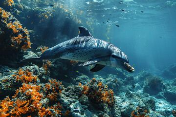 Fototapeta premium Dolphins swimming in deep sea