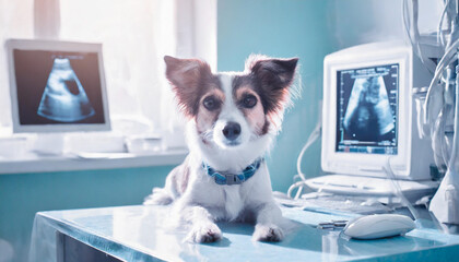 Dog pregnancy test.Dog having ultrasound scan in vet office.Little dog terrier in veterinary clinic. - obrazy, fototapety, plakaty