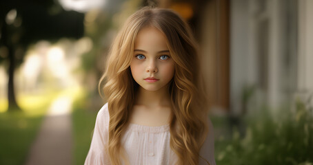 Fototapeta premium Cute little girl. Pretty kid girl face. Portrait of adorable child. Summer outdoor activities for children. Child smiles and enjoys summer. Funny face. Portrait of a smiling little child girl.