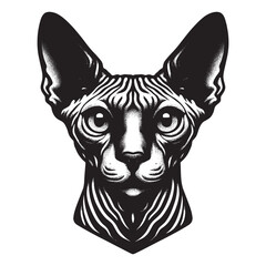 Sphynx cat face. Black and white vector illustration. Sketch,  engraving line art. isolated object, logo, emblem, icon