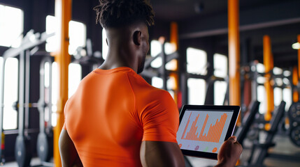 Black guy tracking physical performance and progress from tablet in the gym during workout. Young...