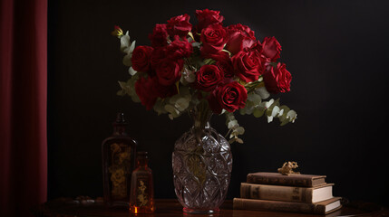 charm of a classic red rose placed in a vintage vase