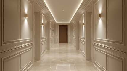 A hallway with recessed lighting, emphasizing the architectural details of the simple, elegant wall paneling. 