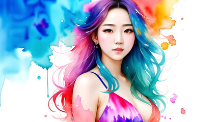 Obraz premium a close up of a woman with colorful hair and a dress