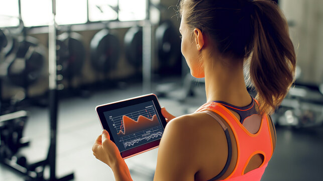 White woman tracking physical performance and progress from tablet in the gym during workout. Young brunette girl with ponytail. Shot from behind her shoulders.