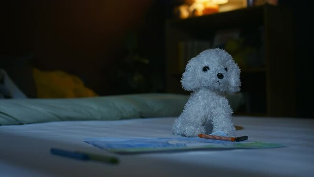 No people footage of white stuffed dog toy on bed near drawing in bedroom at night
