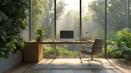 A home workspace featuring a floating desk against a backdrop of large windows, offering an inspiring outdoor view. 