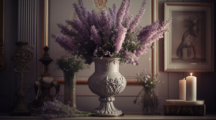 lavishly arranged lavender bouquet placed in an antique vase