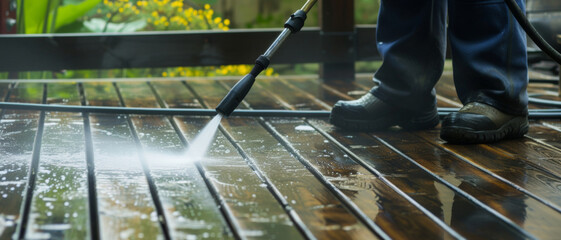 Focused and diligent, a person power washes a wooden deck, restoring its beauty with the force of water - obrazy, fototapety, plakaty