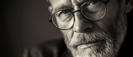 A close-up of a man's face, his expression thoughtful and eyes piercing, reflecting wisdom and a storied life
